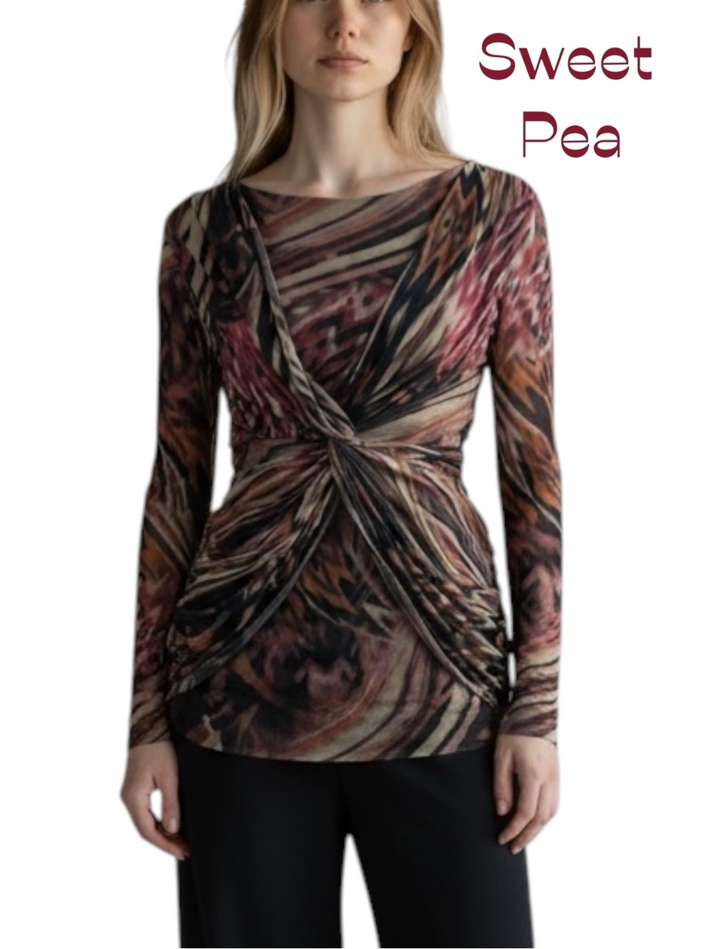 Sweet Pea Brown Multi-Print Long Sleeve Twist Front Top NWOT Size M Bohemian Y2K